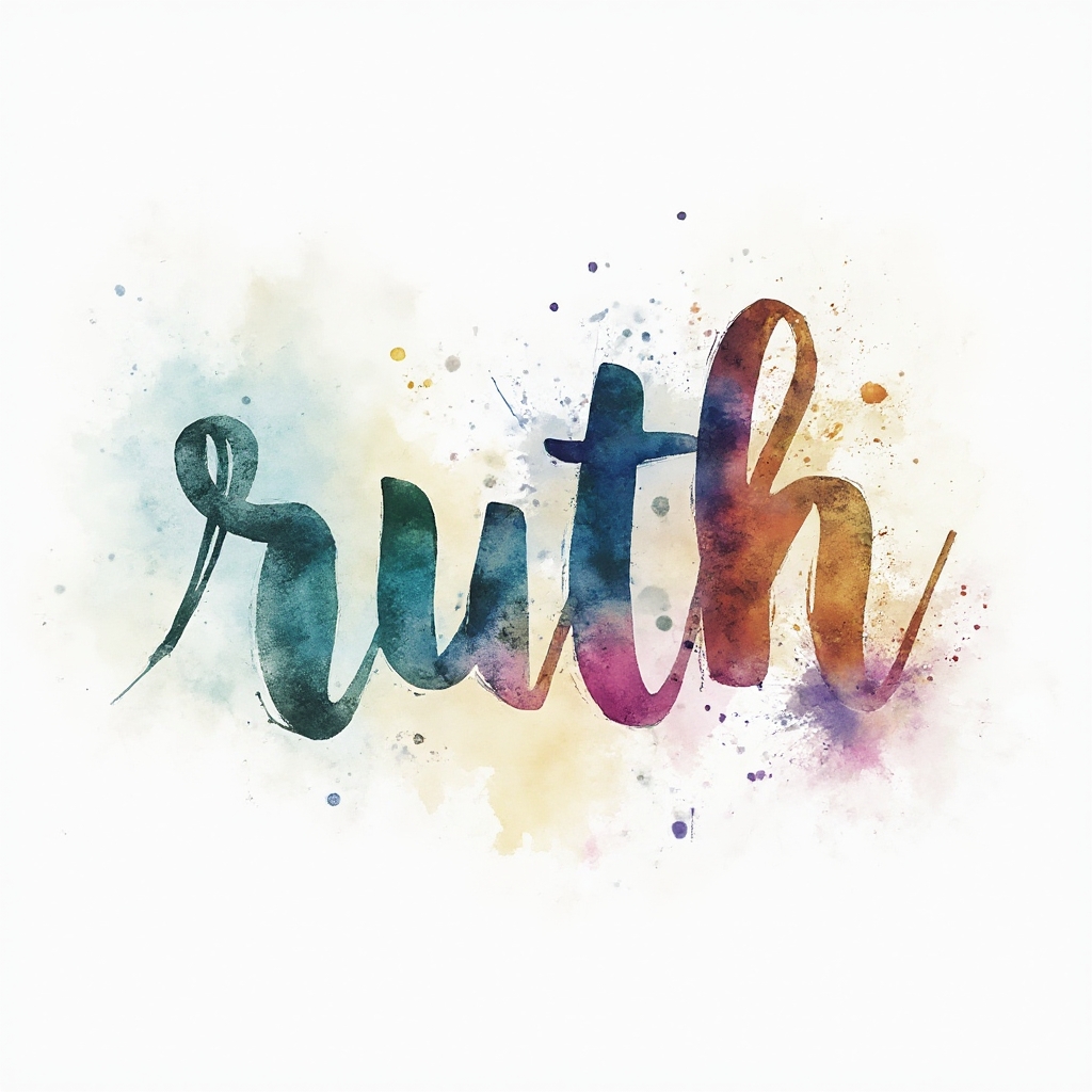 Watercolor tattoo concept with the name ruth painted in flowing brushstroke letters with colorful ink splashes on a white background.