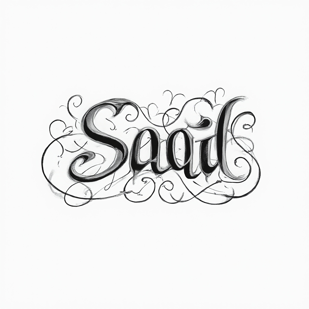 Abstract flowing line tattoo concept where the name saad is formed by a continuous black ribbon on a white background.