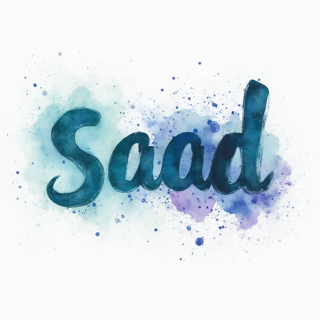 Watercolor splash tattoo concept where the name saad is painted as fluid ink letters with colorful washes on a white background.