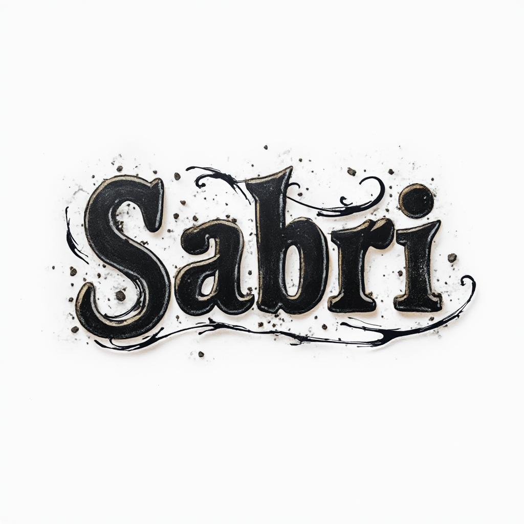 Dimensional bold lettering tattoo where the name sabri is rendered with layered outlines and depth on a white background.