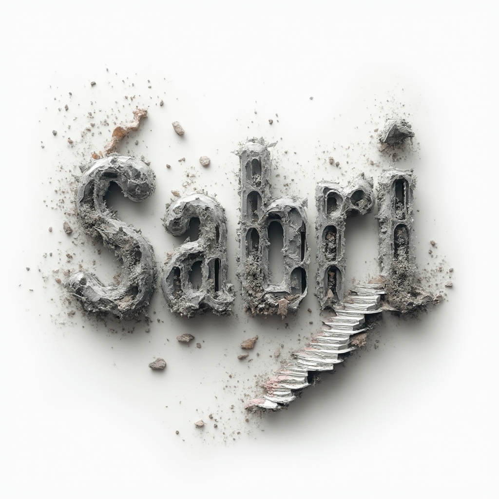 Surreal architectural lettering tattoo concept where the name sabri becomes a dreamy impossible structure on white background.