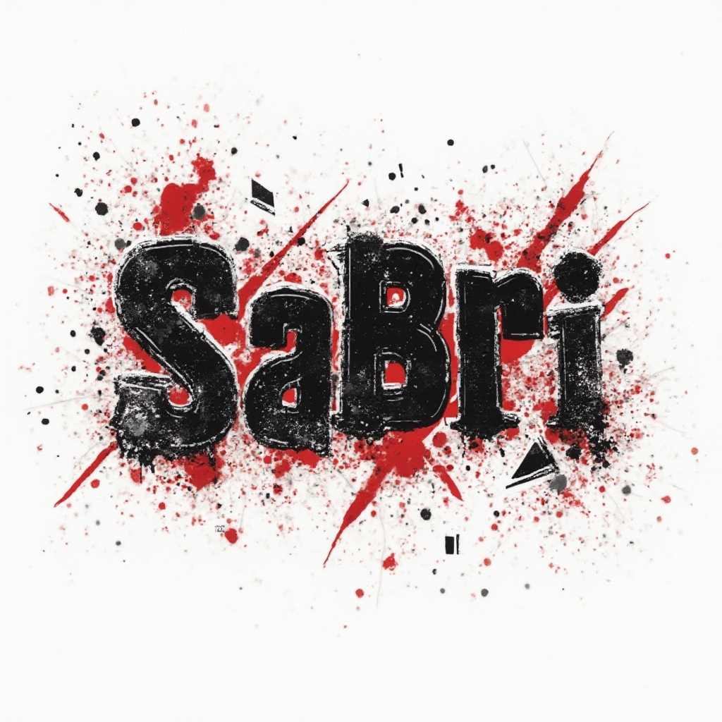 Trash Polka style tattoo design where the name sabri is formed from chaotic black and red grunge shapes on white background.
