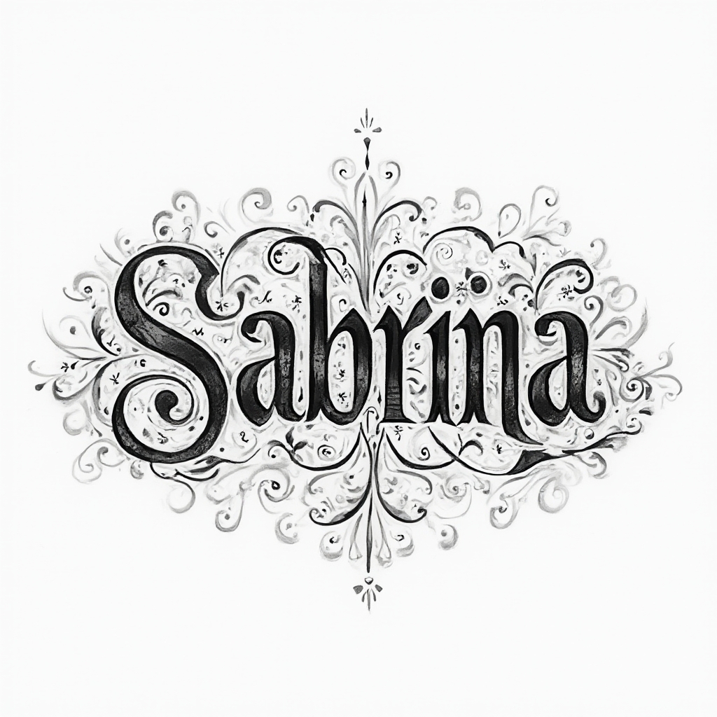 Ornamental monochrome tattoo design where the name sabrina is formed from intricate decorative lines on a white background.
