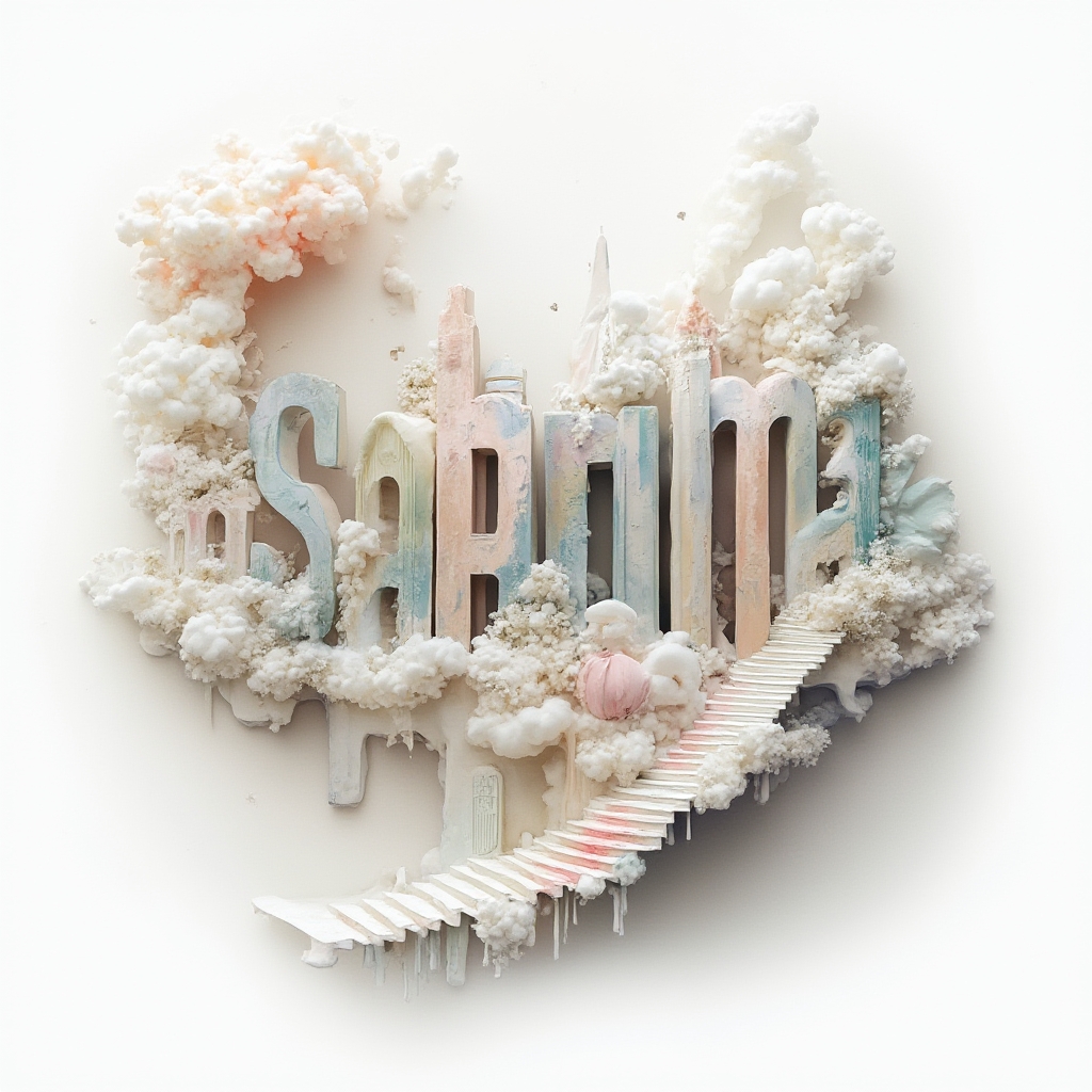 Surreal dreamscape tattoo design where the name sabrina appears as impossible architecture and floating forms on a white background.