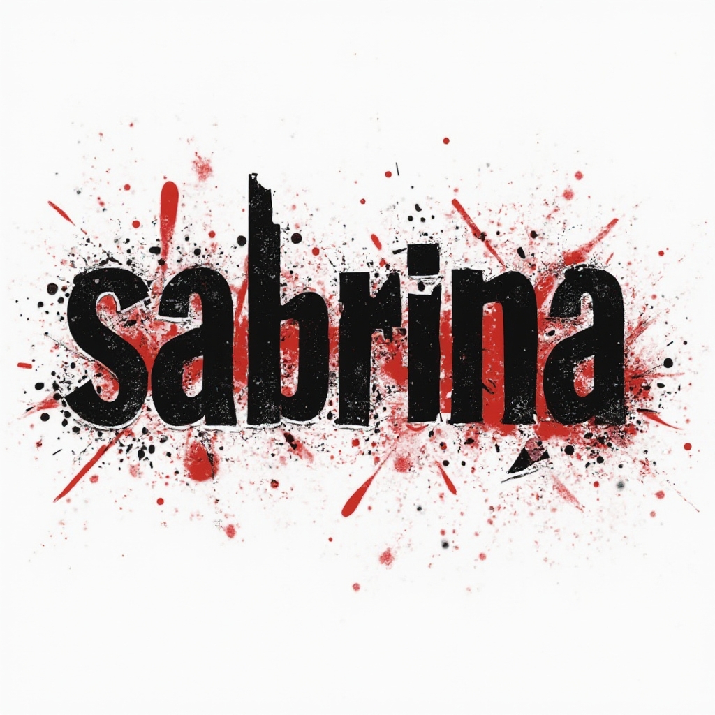 Trash Polka tattoo design where the name sabrina is constructed from black fragments and red splashes on a white background.