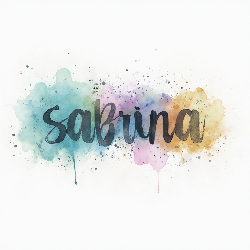 Watercolor splash tattoo design where the name sabrina is formed from colorful paint-like strokes on a white background.