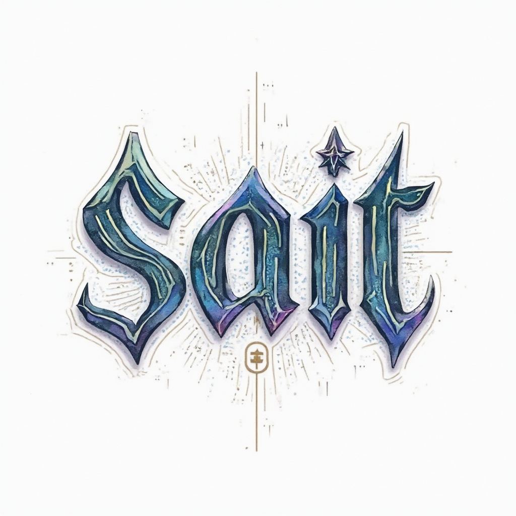 Abstract chromatic tattoo artwork with the name sait shaped from shard-like glyph letters on a white background