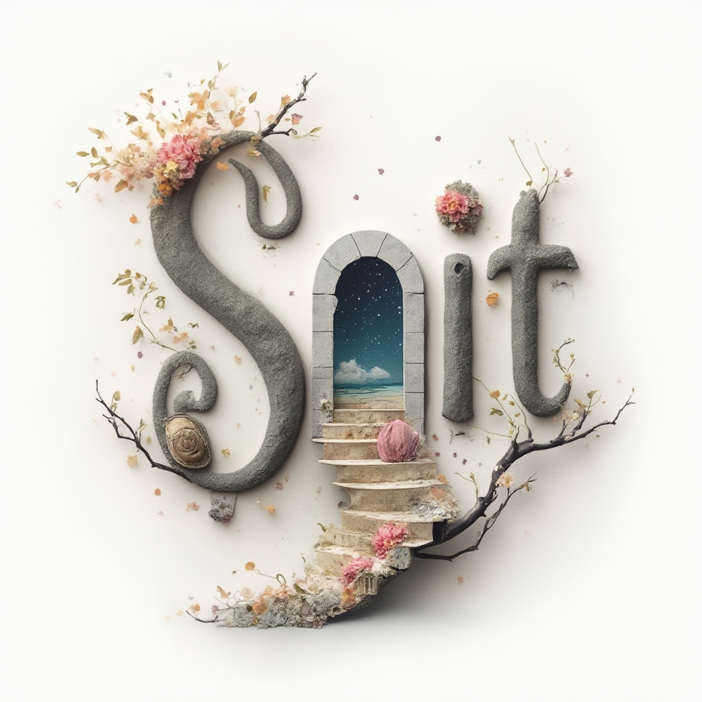 Surreal tattoo artwork with the name sait formed from dreamlike 3D letter objects on a white background
