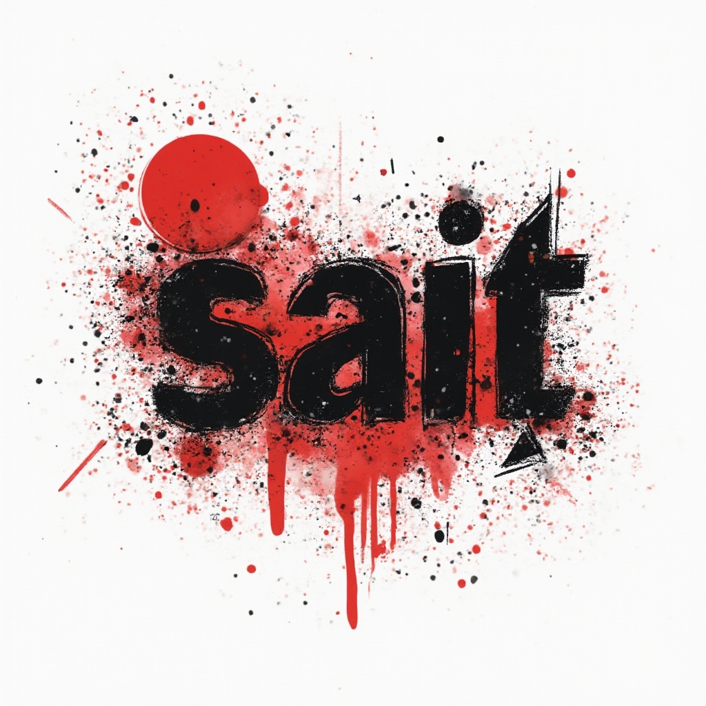 Trash Polka tattoo concept with the name sait formed from fractured black letters, red shapes, and grunge textures on white