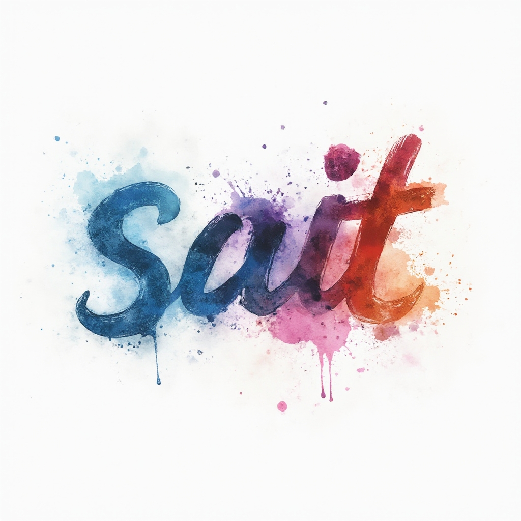 Watercolor tattoo concept with the name sait shaped from fluid ink strokes and colorful splashes on a white background
