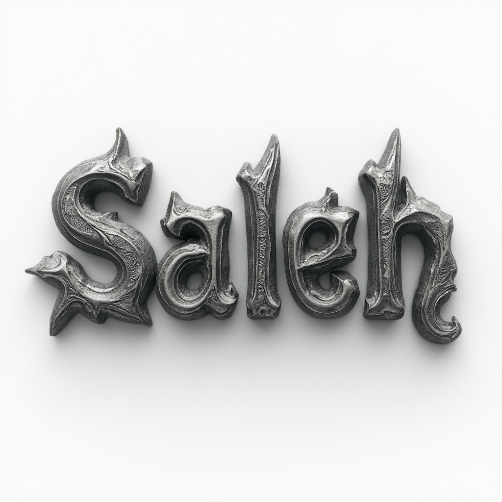 Tattoo concept where the name saleh appears as three-dimensional engraved metal letters on a white background