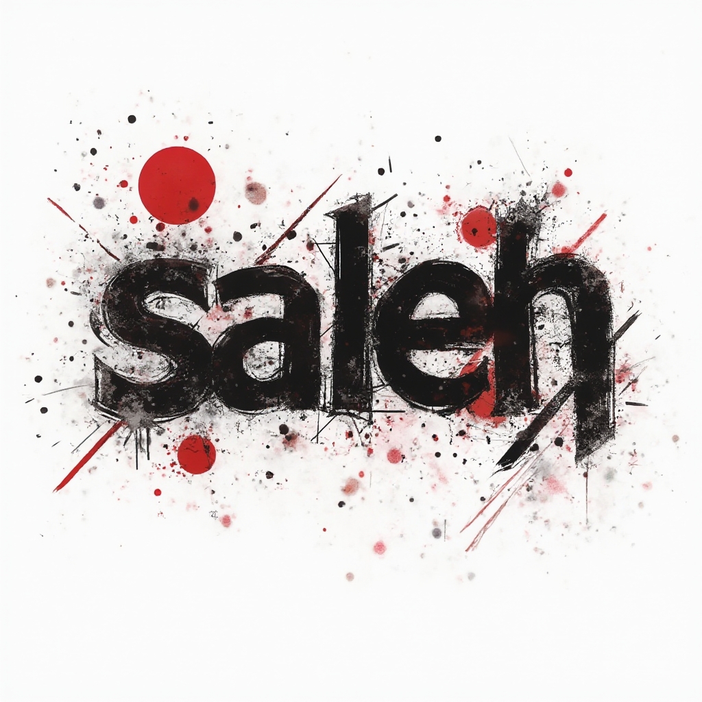 Trash Polka tattoo concept where the name saleh is formed from distressed black strokes and red geometric accents on white