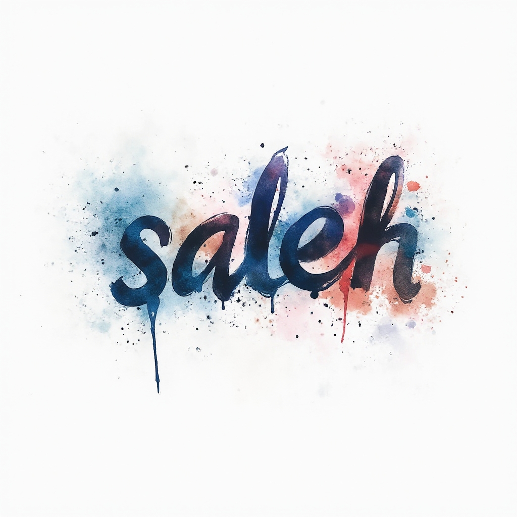 Watercolor tattoo concept where the name saleh is formed from colorful splashes and drips on a white background
