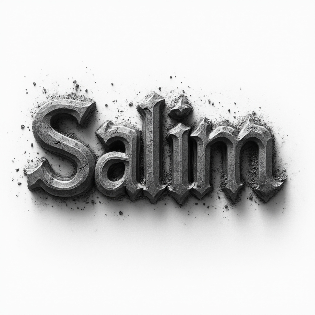 Monochrome sculpted shadow tattoo design showing the name salim as carved, three-dimensional lettering on a white background.