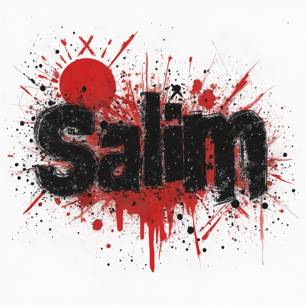 Trash Polka-inspired tattoo concept featuring the name salim in fragmented black stencil lettering with red splashes on a white background.