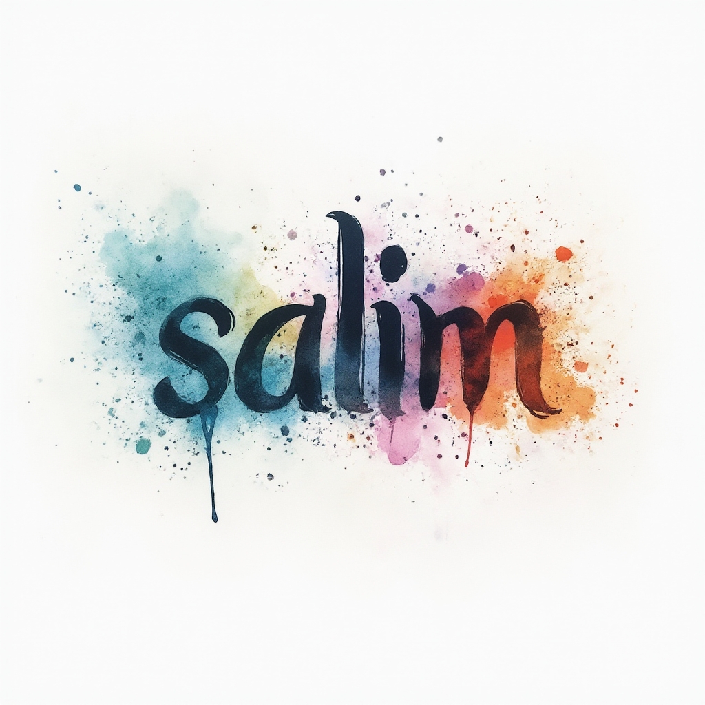 Watercolor nebula-style tattoo concept of the name salim in colorful brushstroke lettering on a white background.