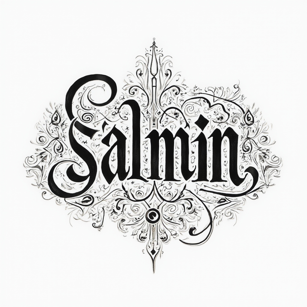Ornamental tattoo concept of the name salman with flowing letters and intricate scrollwork on a white background