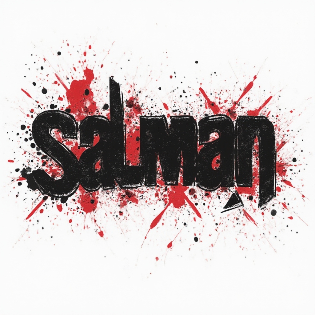 Trash Polka tattoo concept of the name salman built from bold black strokes and red splashes on a white background