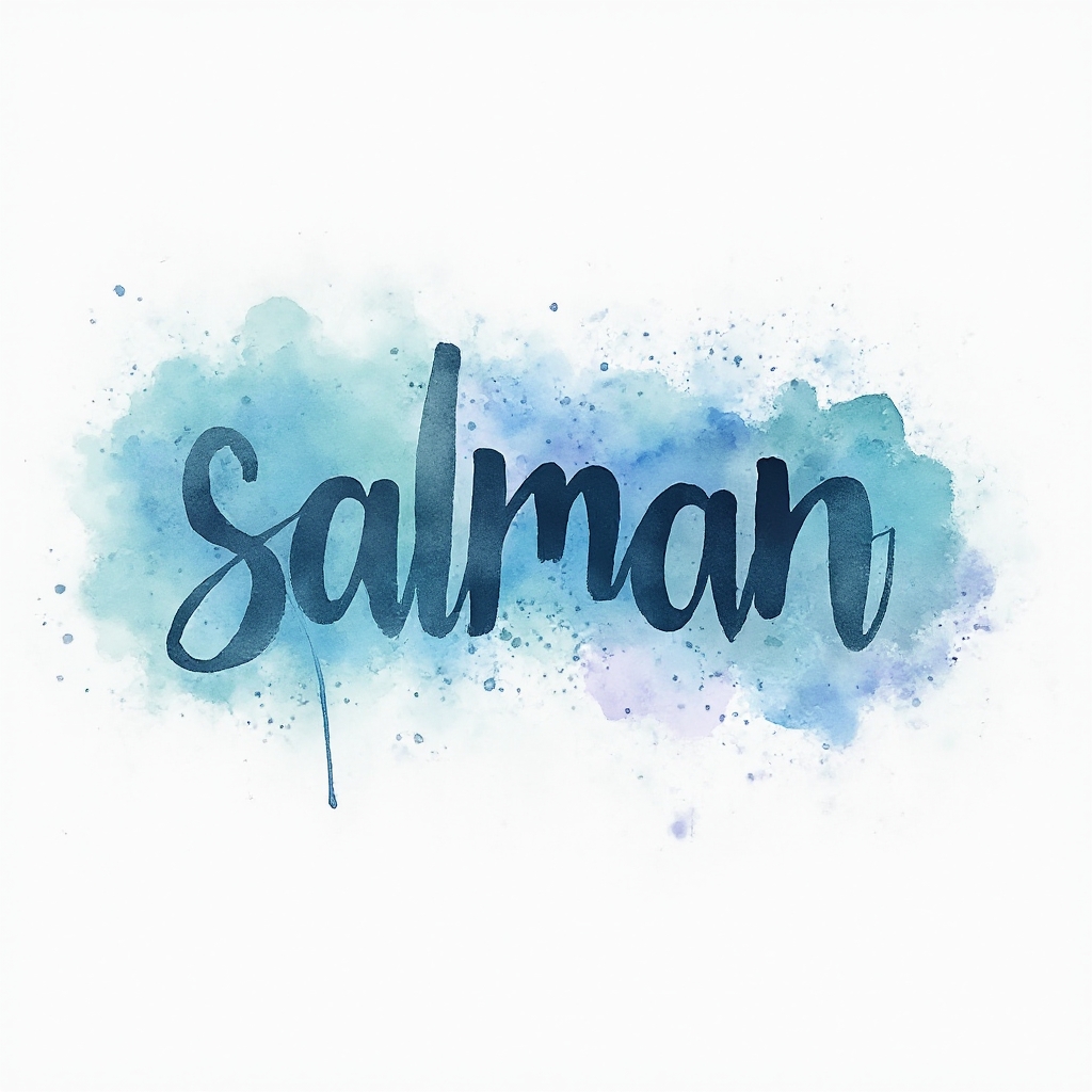 Watercolor tattoo concept of the name salman painted with fluid blue and violet washes on a white background