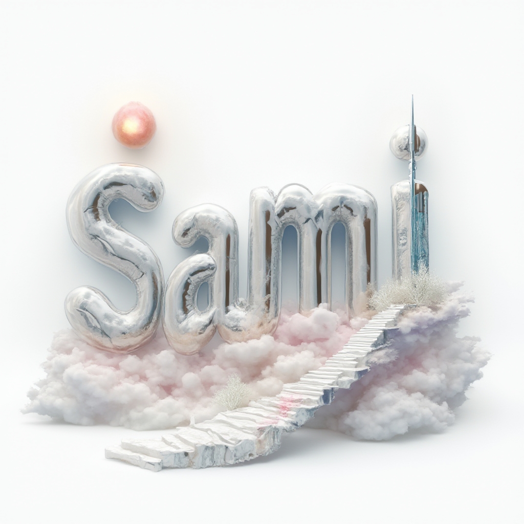 Surreal dreamscape tattoo design where the name sami is formed by floating objects and structures on white background
