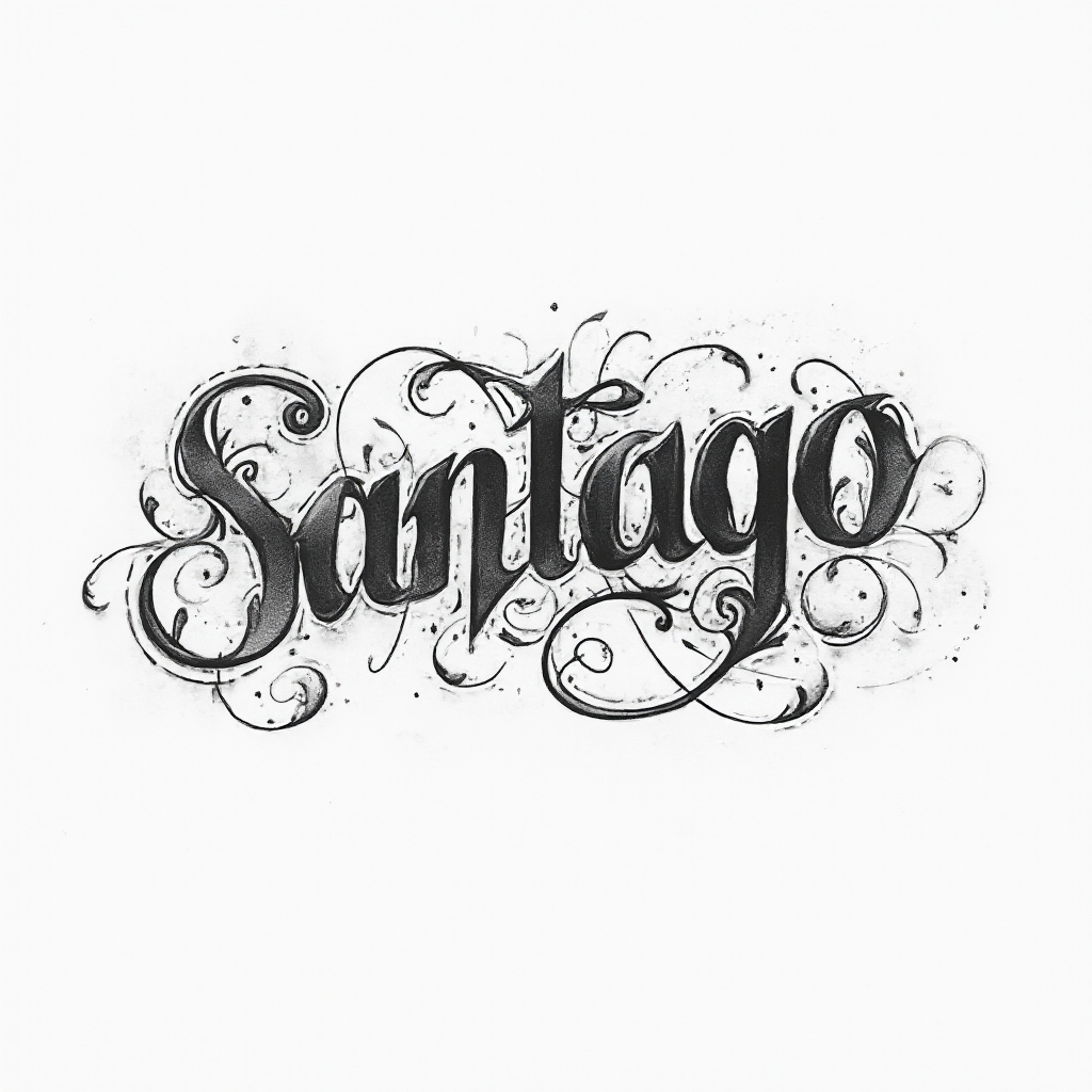 Ornamental tattoo-style script artwork of the name santiago in flowing monochrome lines on a white background