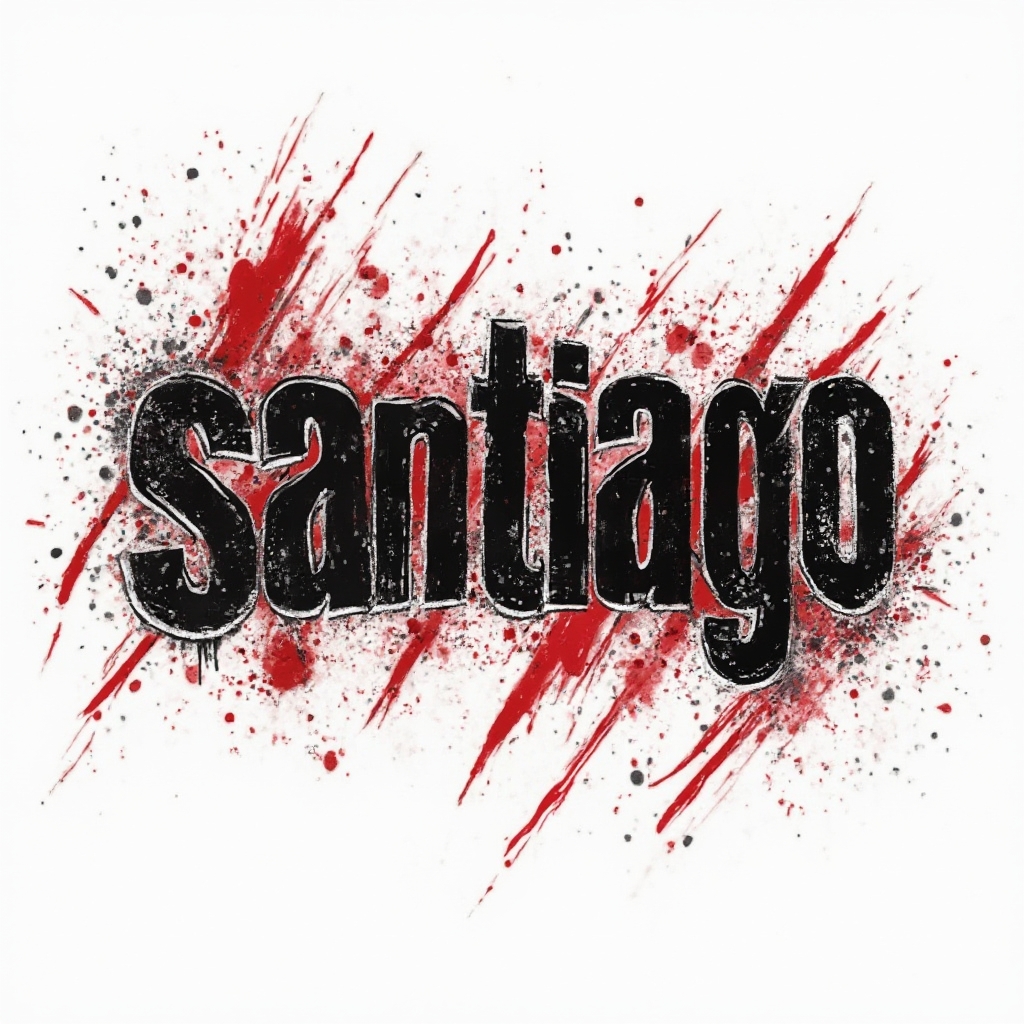 Trash Polka tattoo-style artwork of the name santiago in distressed black and red graphic lettering on a white background