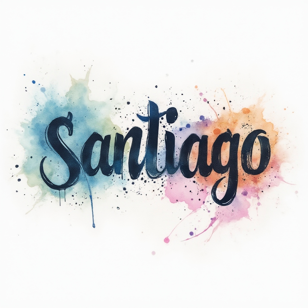 Watercolor tattoo-style artwork of the name santiago in colorful fluid brush lettering on a white background