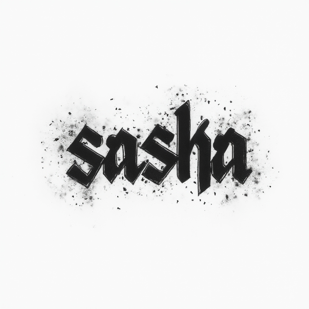 Abstract black and negative-space strokes forming the name sasha in a clean modern style on white.