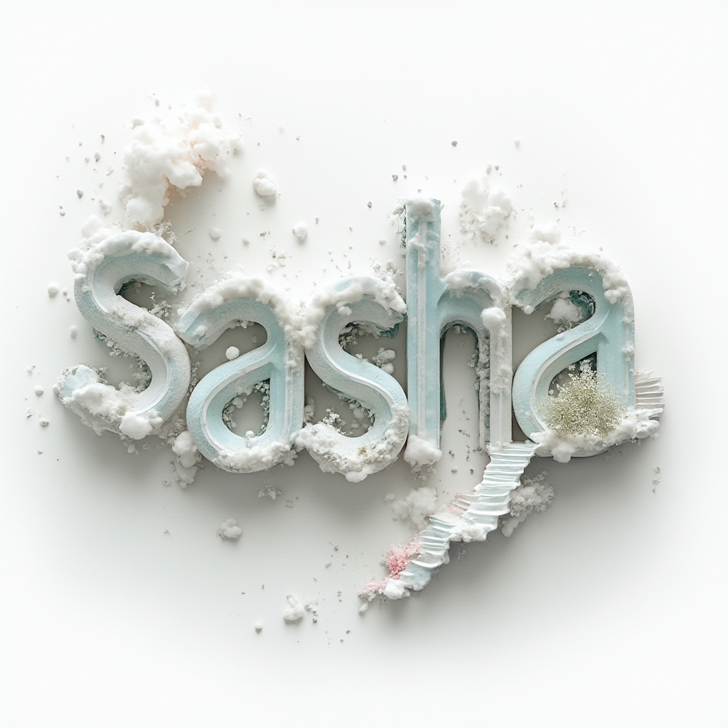 Surreal 3D letters forming the name sasha, melting and twisting in a dreamlike abstract scene on white.