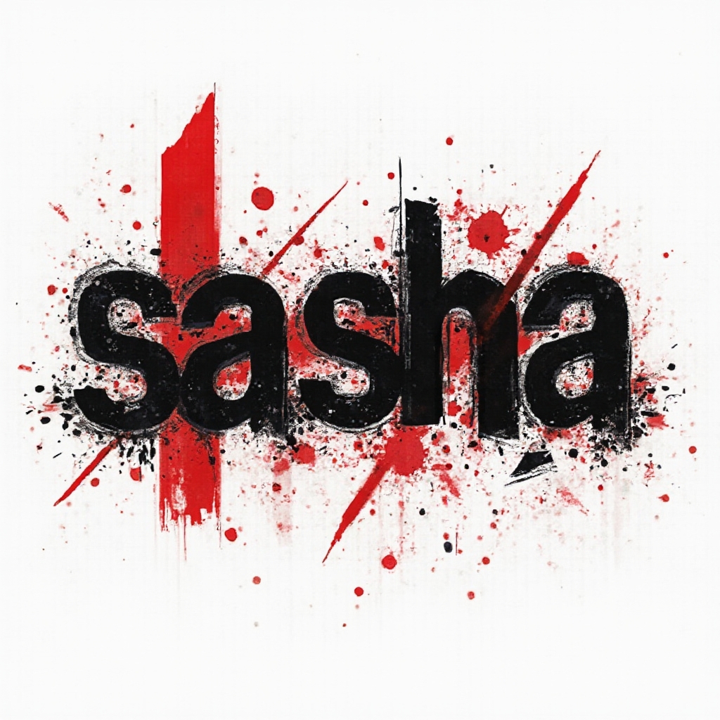 Bold black and red Trash Polka style lettering spelling sasha with splatters and geometric shapes on white.
