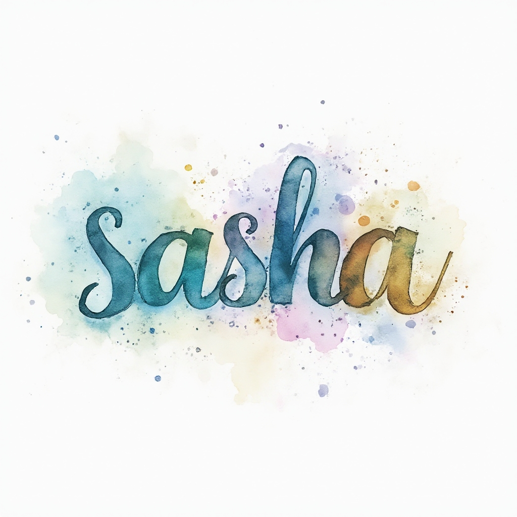 The name sasha painted in flowing multicolor watercolor script with splashes on a white background.