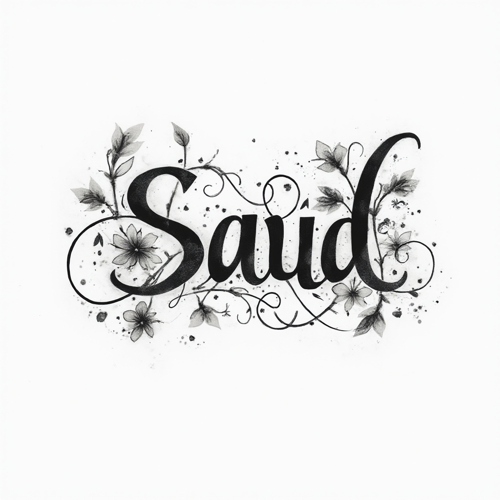 Monochrome flowing tattoo concept where the name saud is built from elegant black curves and ornamental lines on a white background.