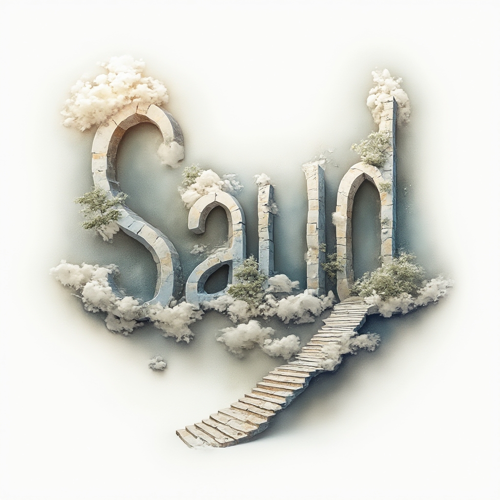 Surreal tattoo concept where the name saud is formed from dreamlike architectural and cloud-like shapes on a white background.
