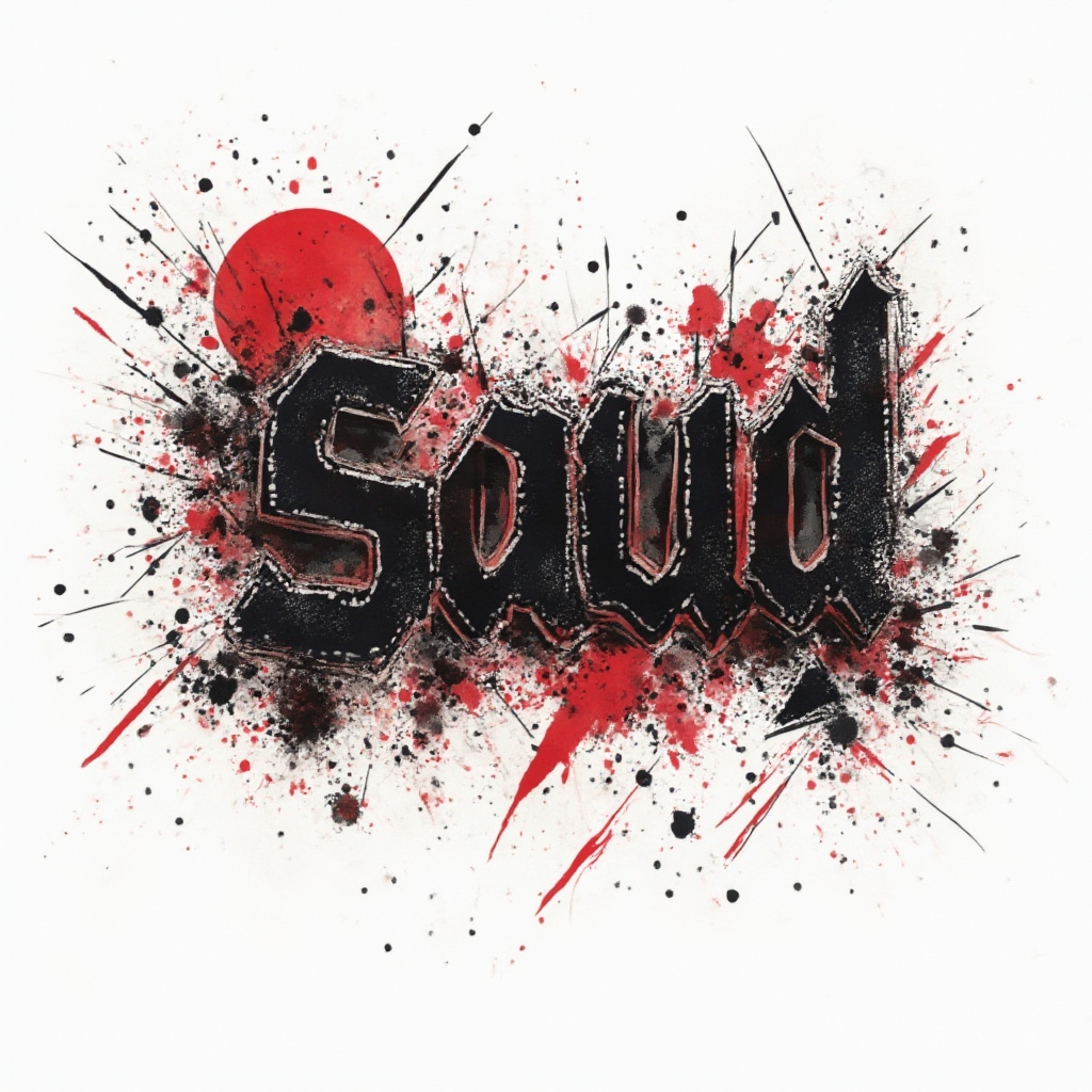Trash Polka tattoo concept where the name saud is built from distressed black and red abstract shapes on a white background.