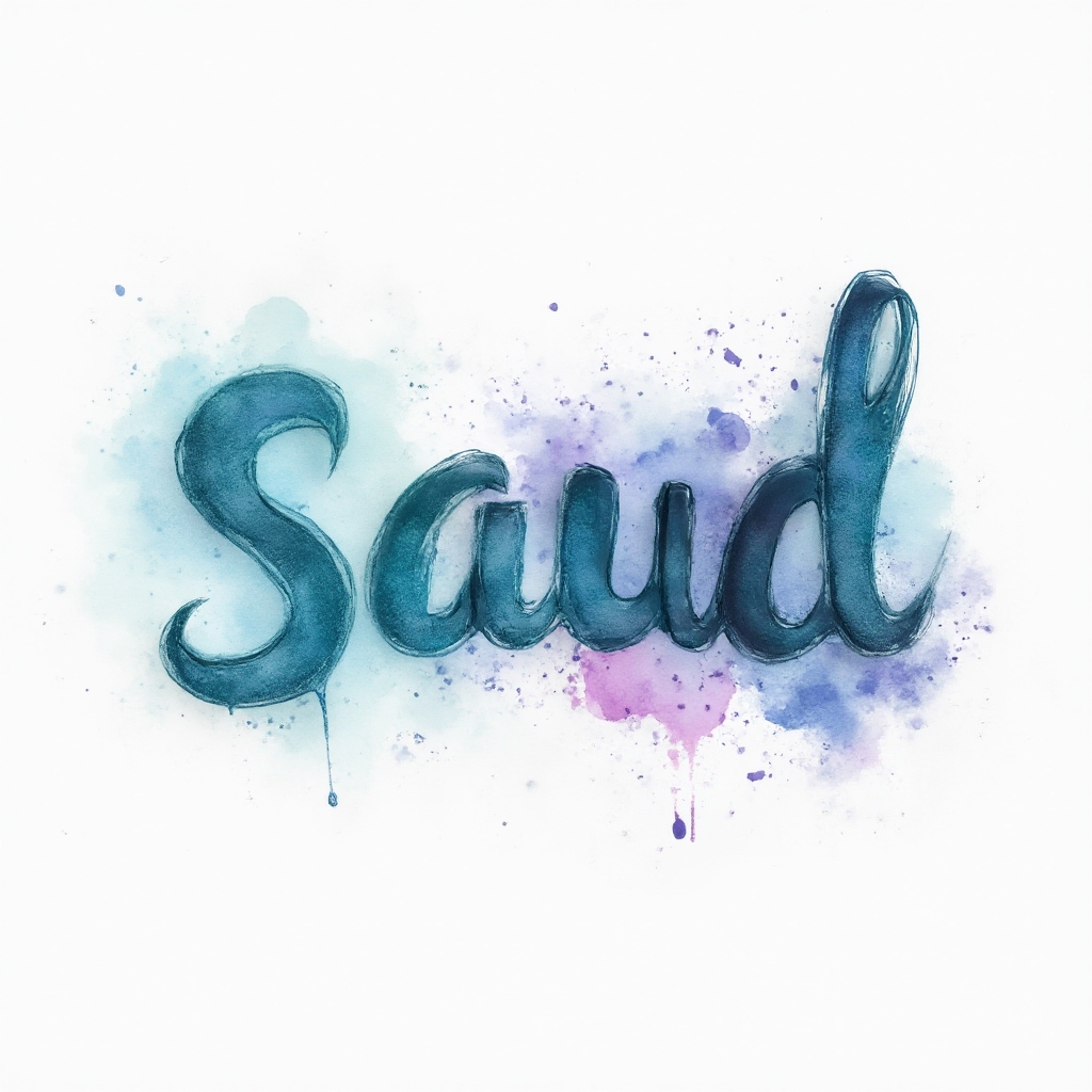 Watercolor tattoo concept where the name saud is painted as fluid, colorful ink strokes on a white background.