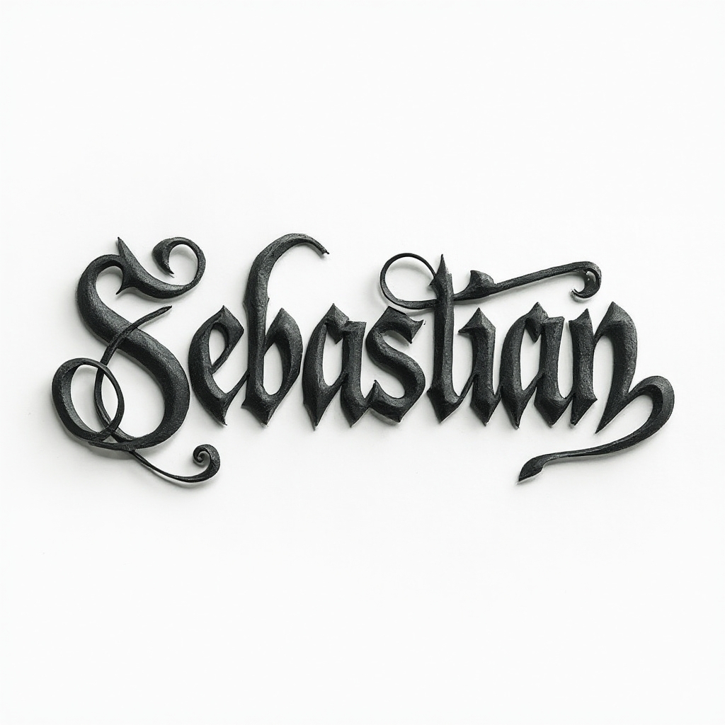 Dimensional ornate script tattoo concept of the name sebastian with 3D beveled lettering on a white background.