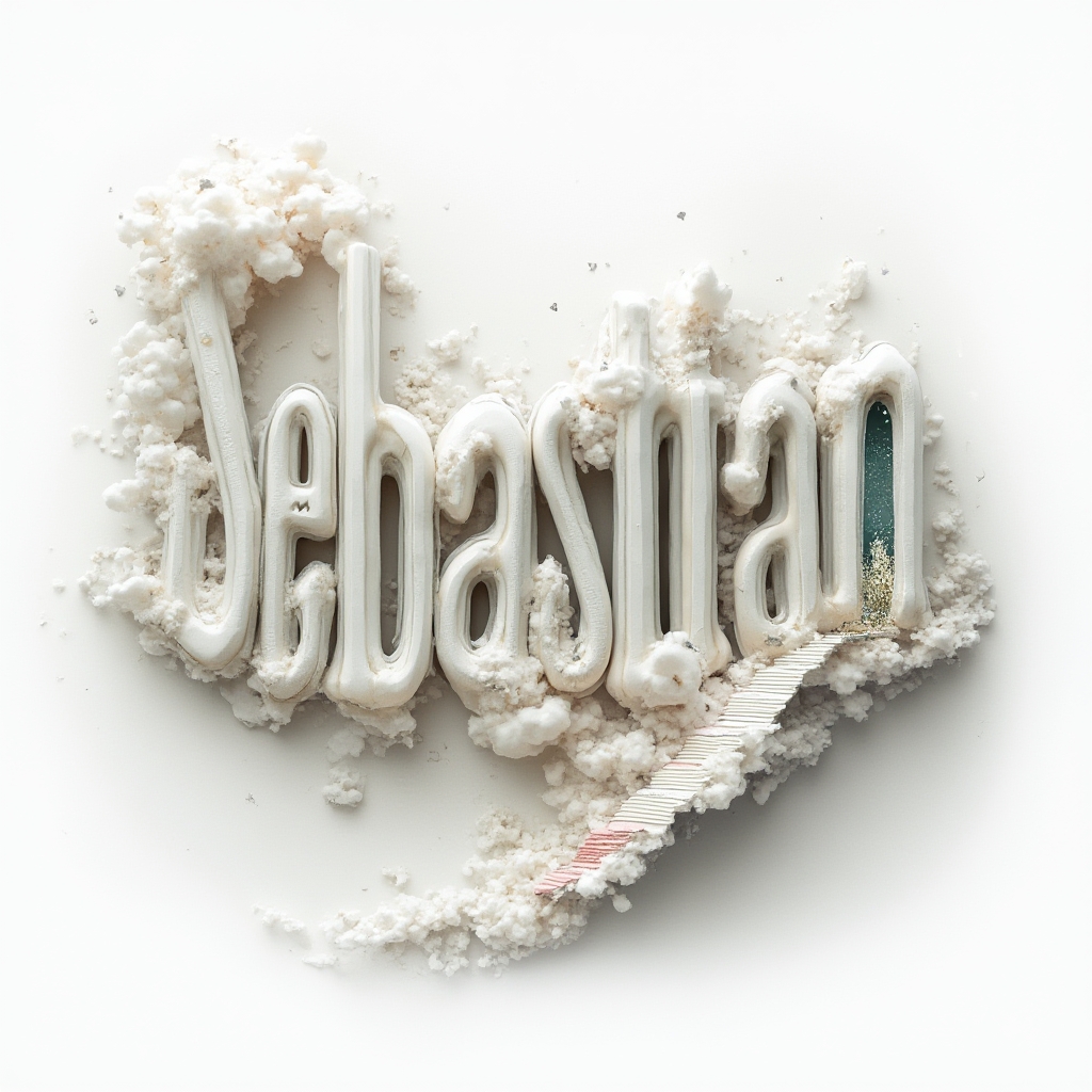 Surreal dreamscape tattoo concept where the name sebastian is built from impossible architectural and organic forms on a white background.