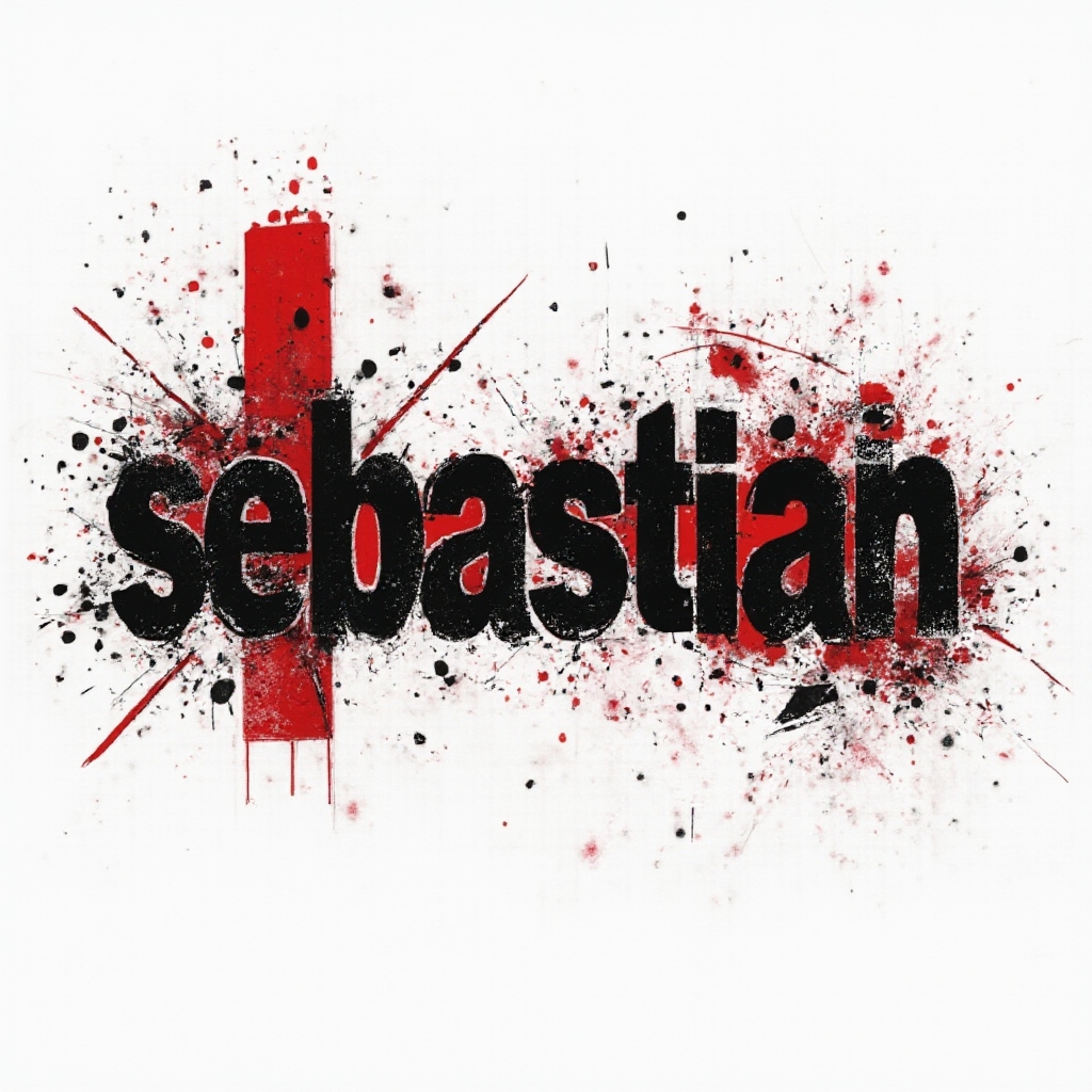 Trash Polka style tattoo concept of the name sebastian with bold black lettering and red geometric splashes on a white background.