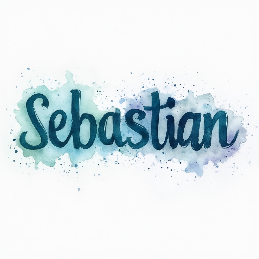 Watercolor tattoo concept of the name sebastian in flowing colorful brushstroke lettering on a white background.