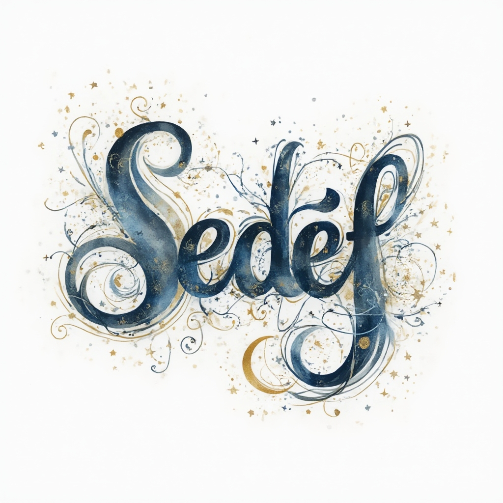 Ornamental celestial tattoo concept where the name sedef becomes an elegant flowing emblem on a white background.