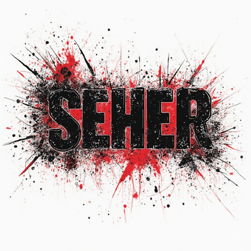 Trash Polka tattoo concept where the name seher is built into bold black and red abstract splashes and shards on a white background.