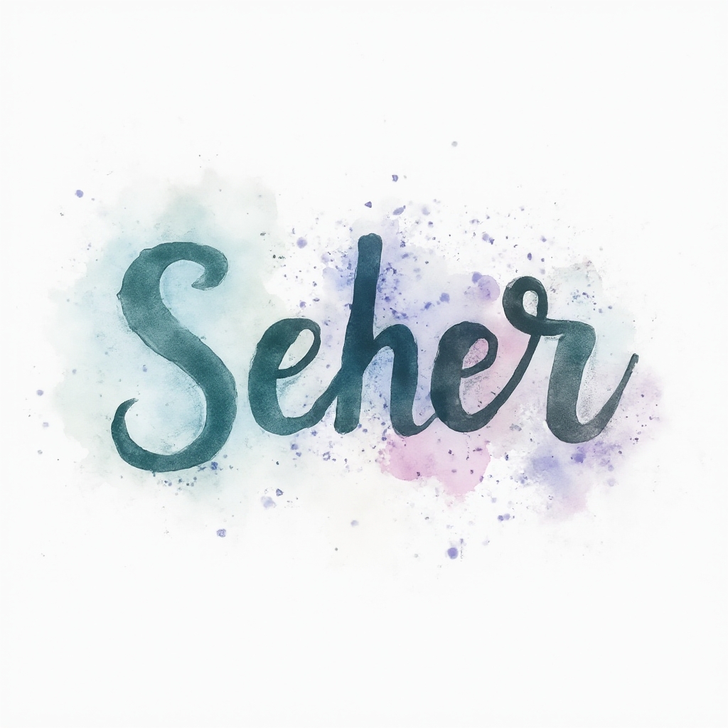 Watercolor-style tattoo concept where the name seher is painted in flowing colorful brushstroke lettering on a white background.