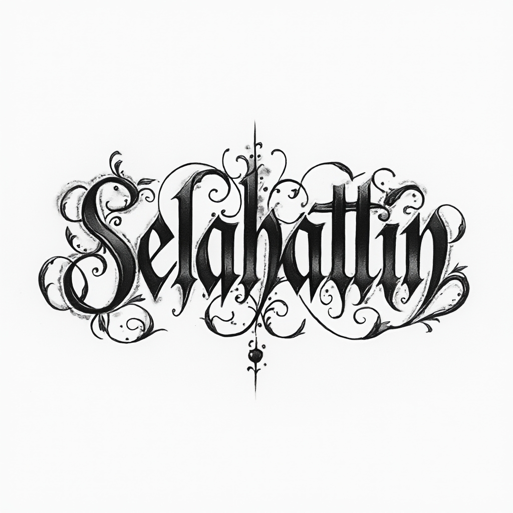 Ornamental tattoo concept where stylized lettering and filigree curves form the name selahattin on a white background