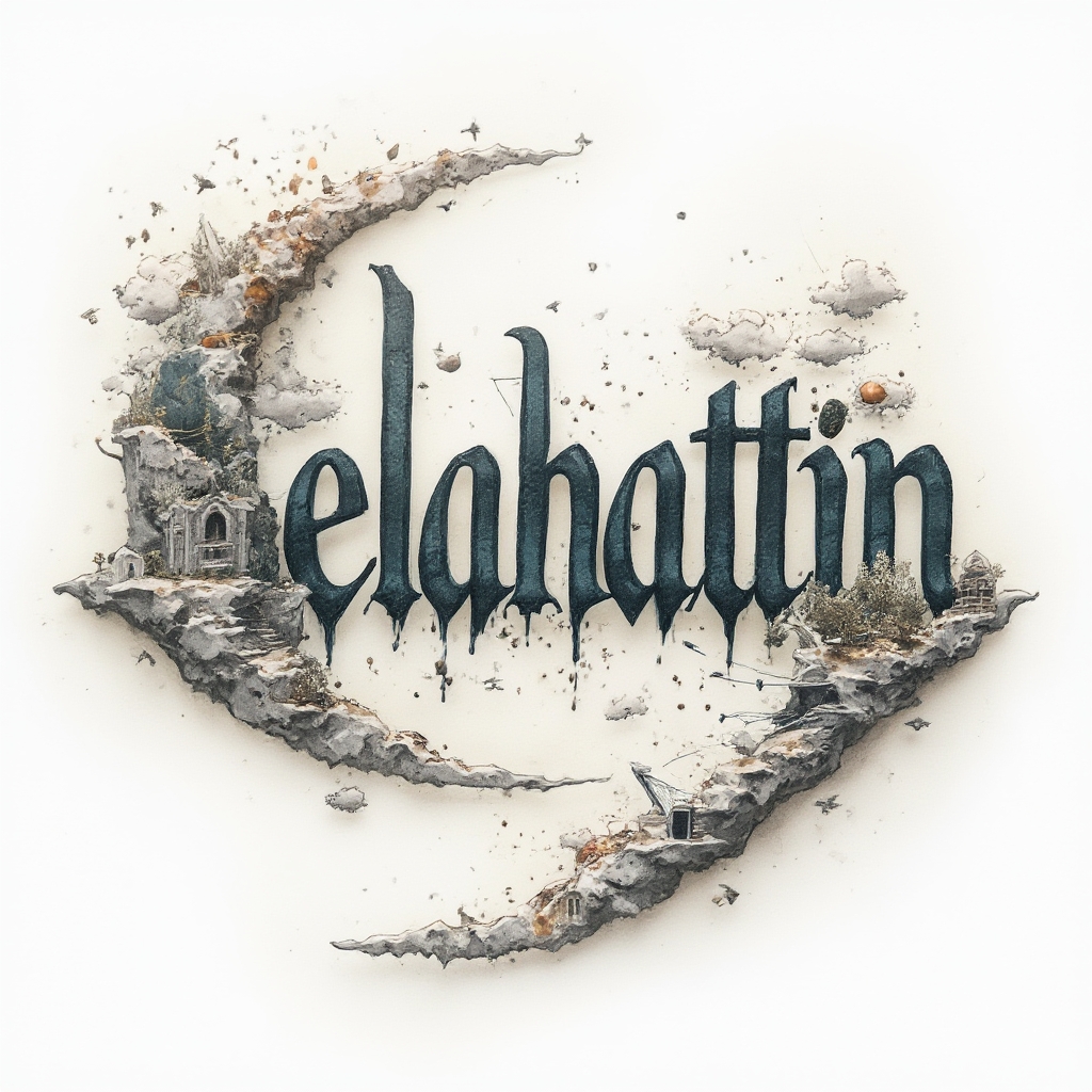Surreal tattoo concept forming the name selahattin from dreamlike floating structures on a white background
