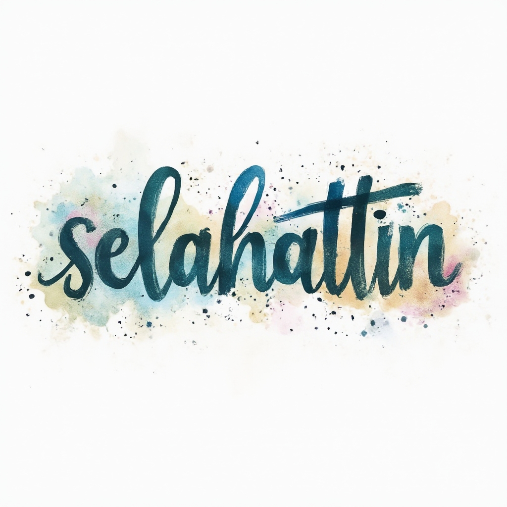 Watercolor tattoo concept of the name selahattin with flowing brushstroke letters and colorful splashes on white background