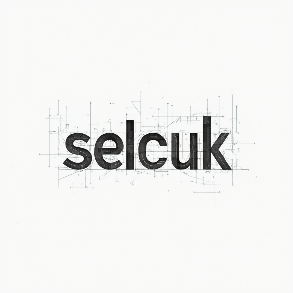 Abstract structural tattoo concept where the name selcuk is built from clean interlocking linear letterforms on white background