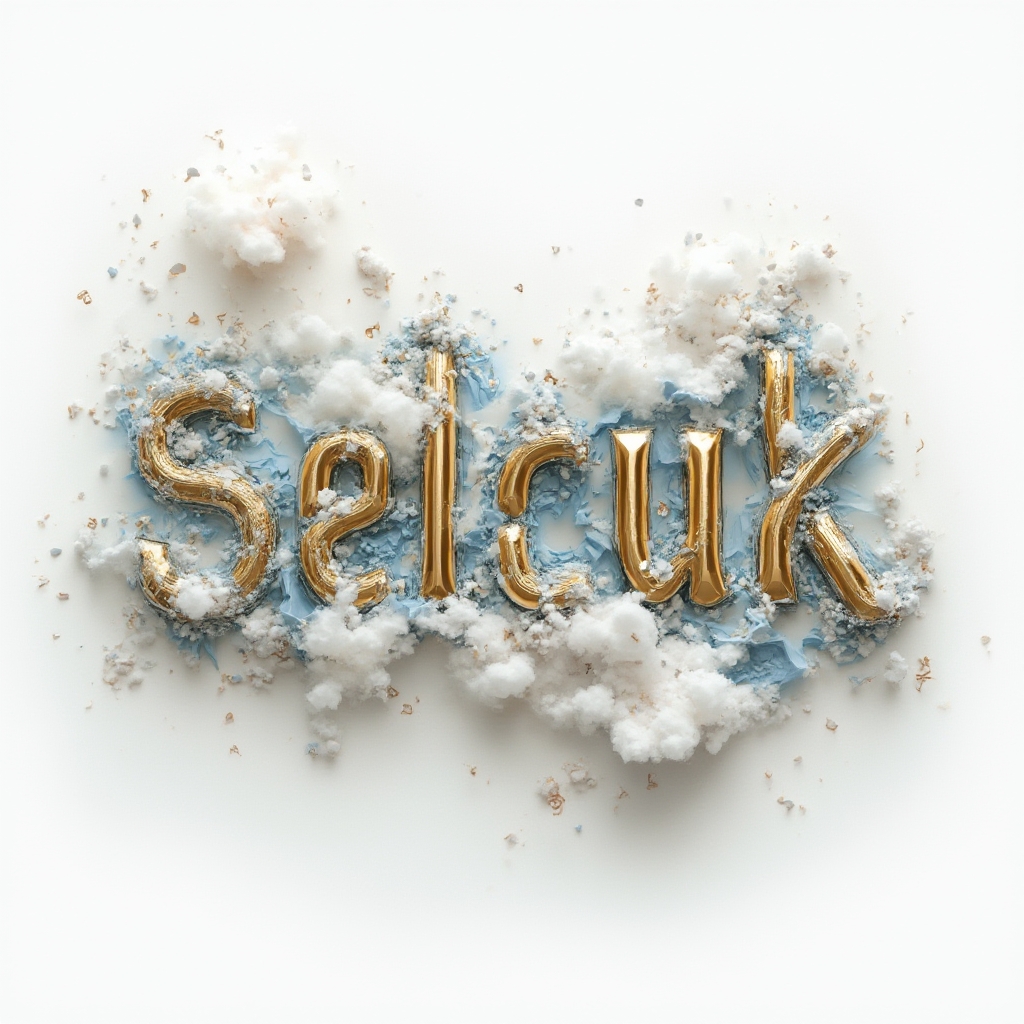 Surreal dreamscape tattoo concept where the name selcuk becomes twisting, floating letterforms in an abstract scene on white background