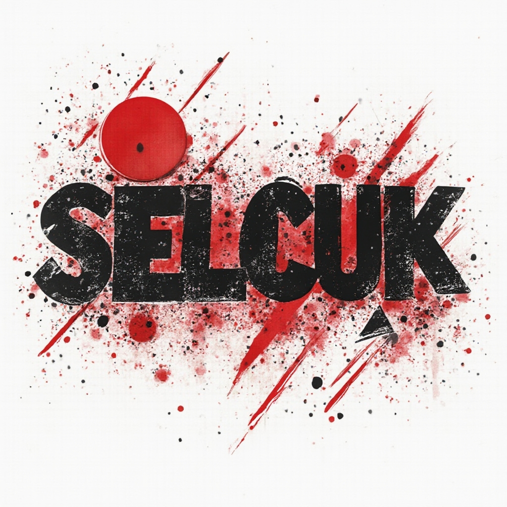 Trash Polka tattoo design of the name selcuk with distressed black letters, red shapes, and grunge textures on white background