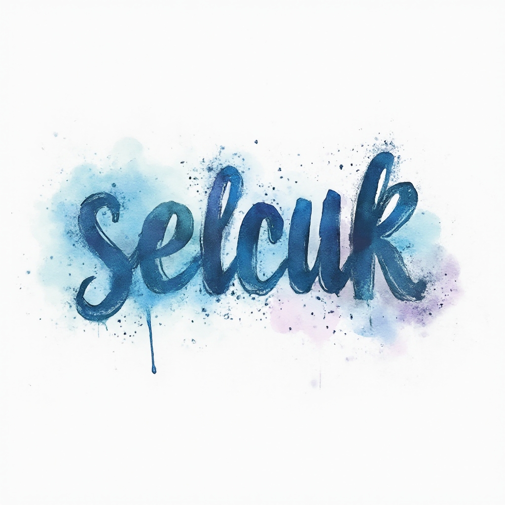 Watercolor tattoo concept of the name selcuk in flowing brushstroke letters with colorful ink splashes on white background