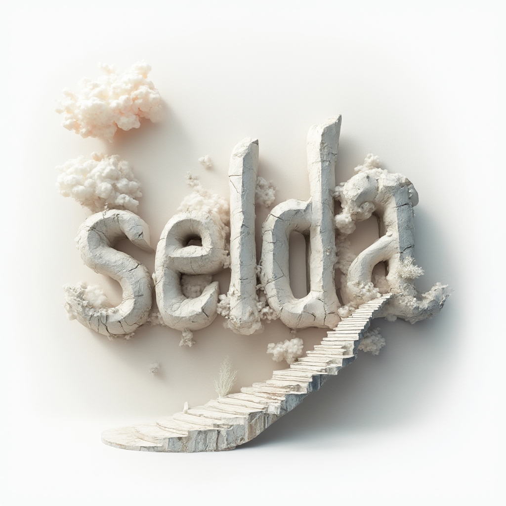 Surreal dreamscape lettering spelling selda with melting architectural forms on a white background.
